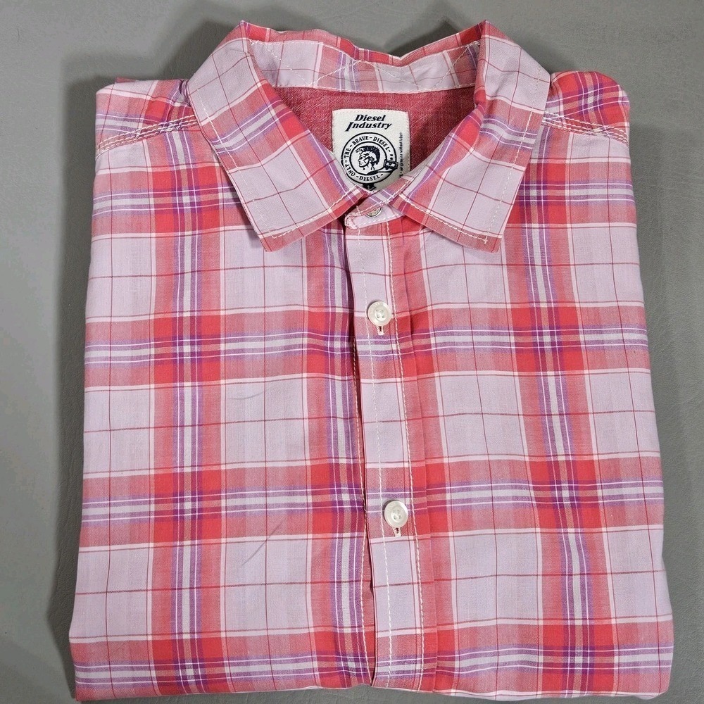 Diesel Men's Shirt Size L Pink Check Long Sleeve 100% Cotton Button Up
